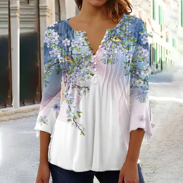 Elegant women's top with long sleeves, button placket, cotton blend