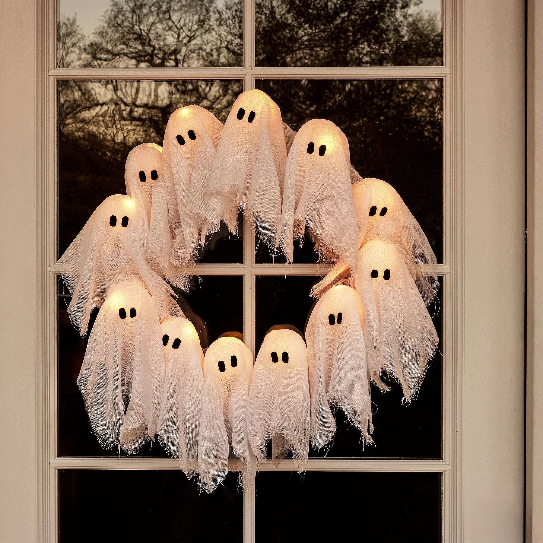 Halloween Ghost Wreath | LED Light-Up Design | Battery Operated | Indoor & Outdoor Decor