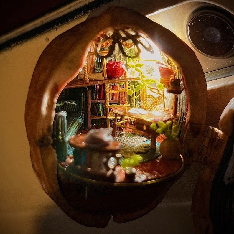 Miniature Walnut House Ornament | Handmade Gift | Clay & Wood Details with Light-Up Design