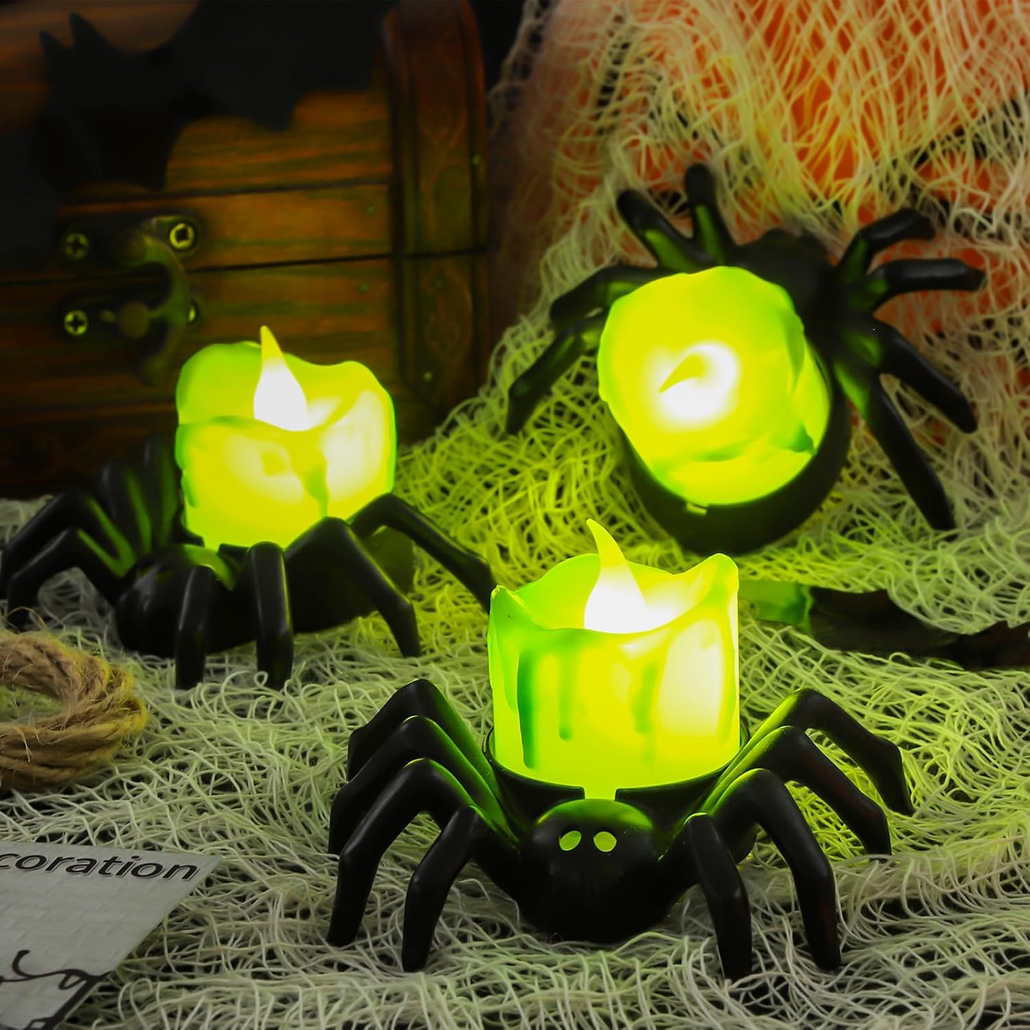 Halloween Spider LED Candle Lights | Flameless Battery Operated | Warm Yellow Glow | Indoor/Outdoor Decoration