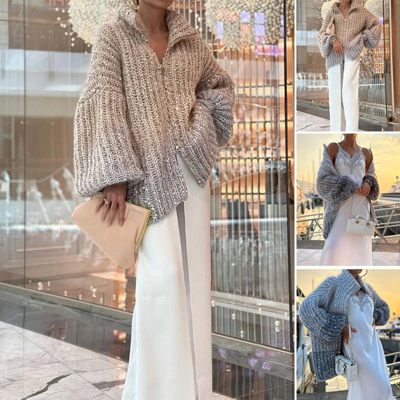 Women’s Knitted Sweater Jacket | Subtle Sequin Detail | Lightweight Soft Fabric | Beige or Sky Blue