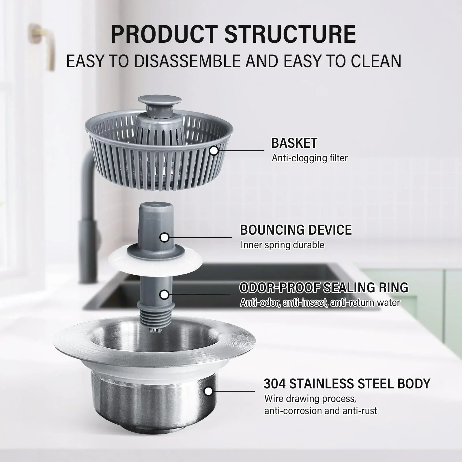 Drain Strainer & Stopper | 304 Stainless Steel + ABS | Anti-Clog Basket | Fits Standard Kitchen Sinks