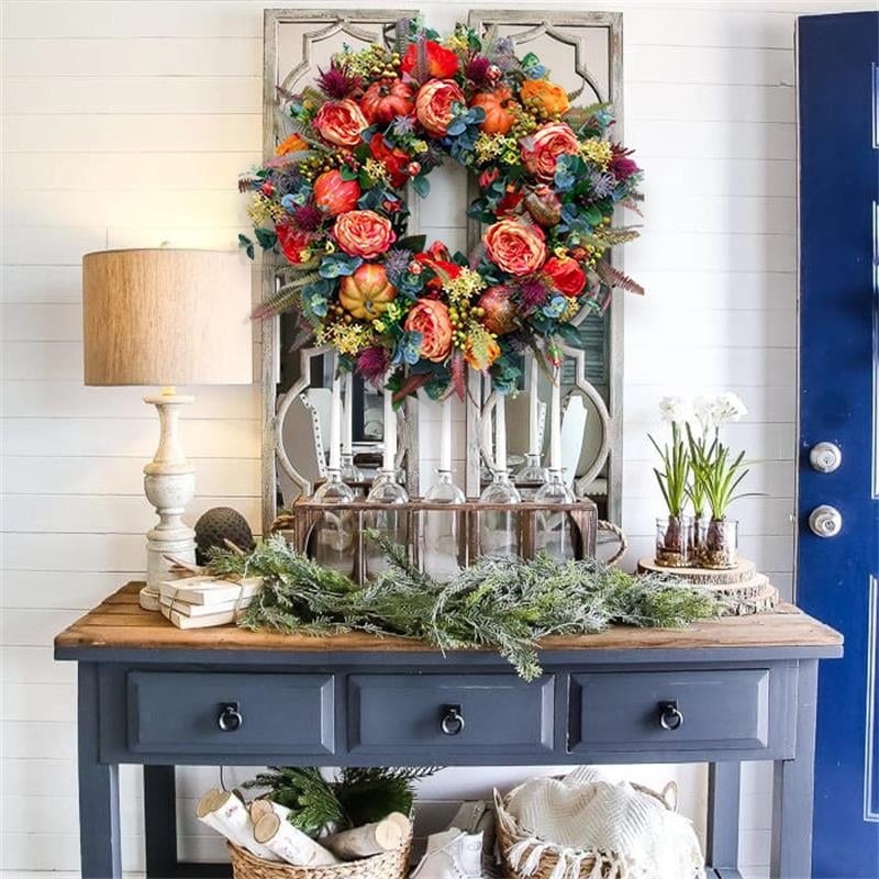Autumn Door Wreath | Rustic Peony & Pumpkin Design | Handcrafted Fall Decoration