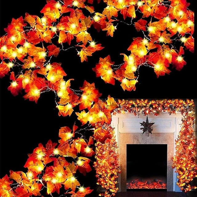 Autumn Maple Leaf String Lights | Warm White LED Garland | Battery or USB Powered