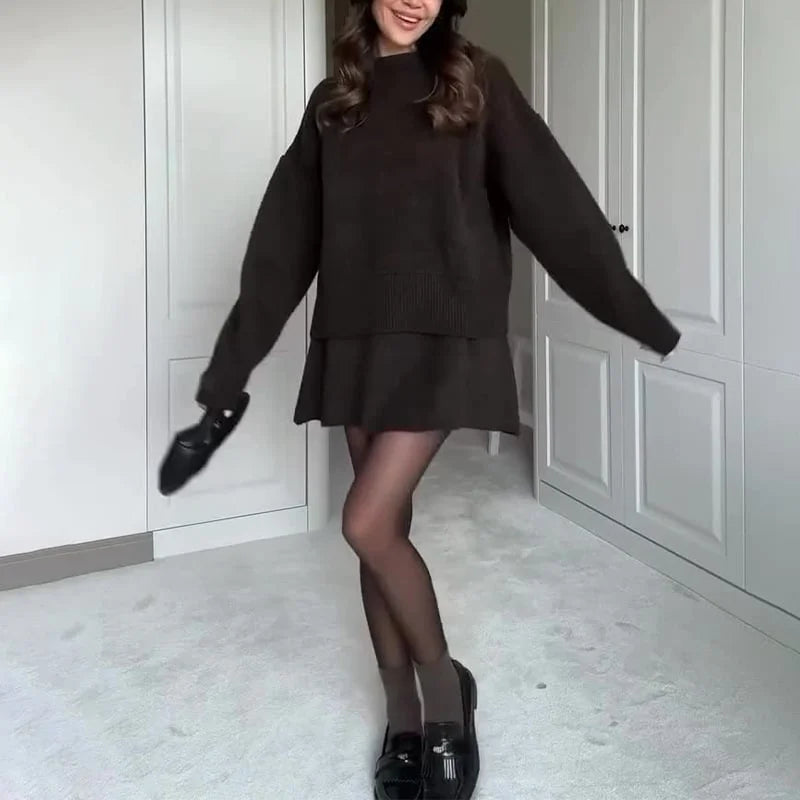 Women’s Knitted Skirt Set | Oversized Sweater + Mini Skirt | Soft Fabric