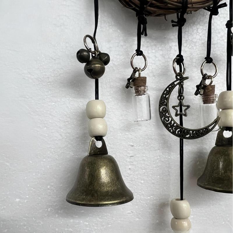 Witch Bell Hanging Decor | Boho Rustic Design | Rattan & Metal | 11.8 in