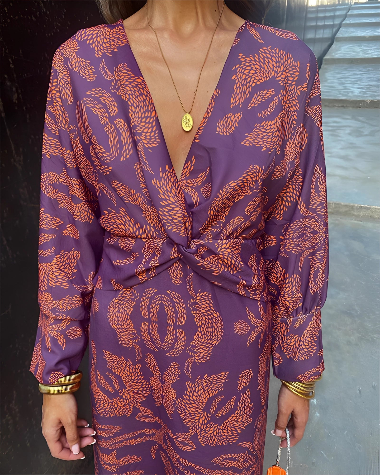 Blue Floral Midi Dress - V-Neck Long Sleeve Fall Fashion Women's Evening