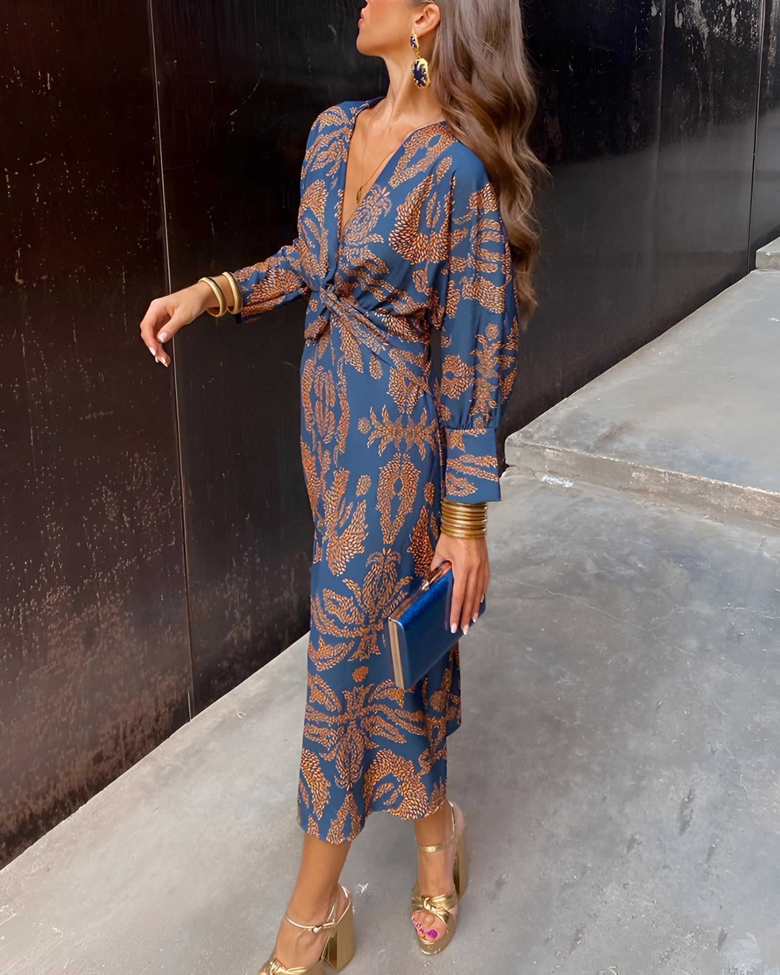 Blue Floral Midi Dress - V-Neck Long Sleeve Fall Fashion Women's Evening