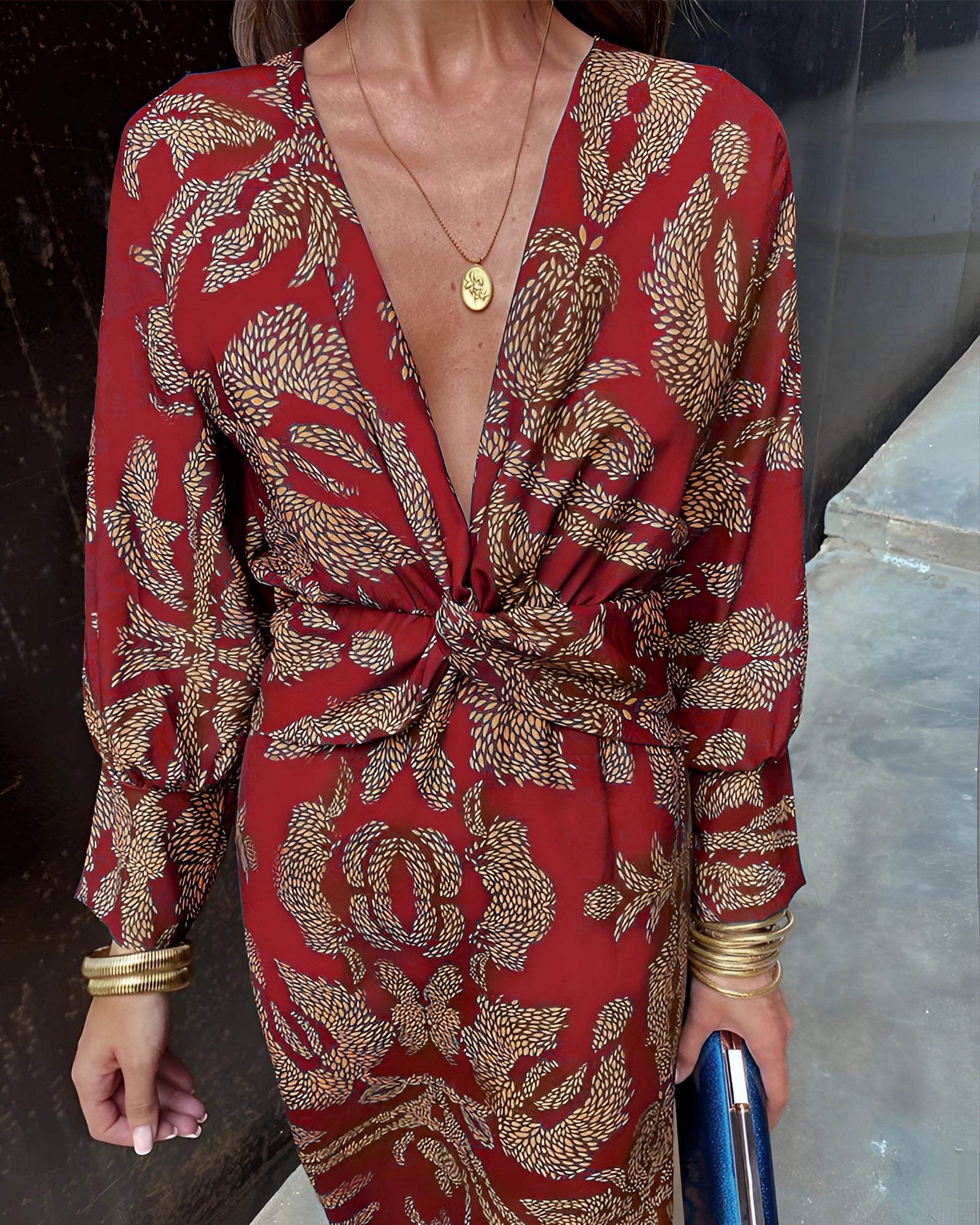 Blue Floral Midi Dress - V-Neck Long Sleeve Fall Fashion Women's Evening