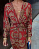Blue Floral Midi Dress - V-Neck Long Sleeve Fall Fashion Women's Evening