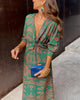 Blue Floral Midi Dress - V-Neck Long Sleeve Fall Fashion Women's Evening