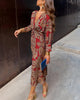Blue Floral Midi Dress - V-Neck Long Sleeve Fall Fashion Women's Evening