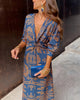Blue Floral Midi Dress - V-Neck Long Sleeve Fall Fashion Women's Evening