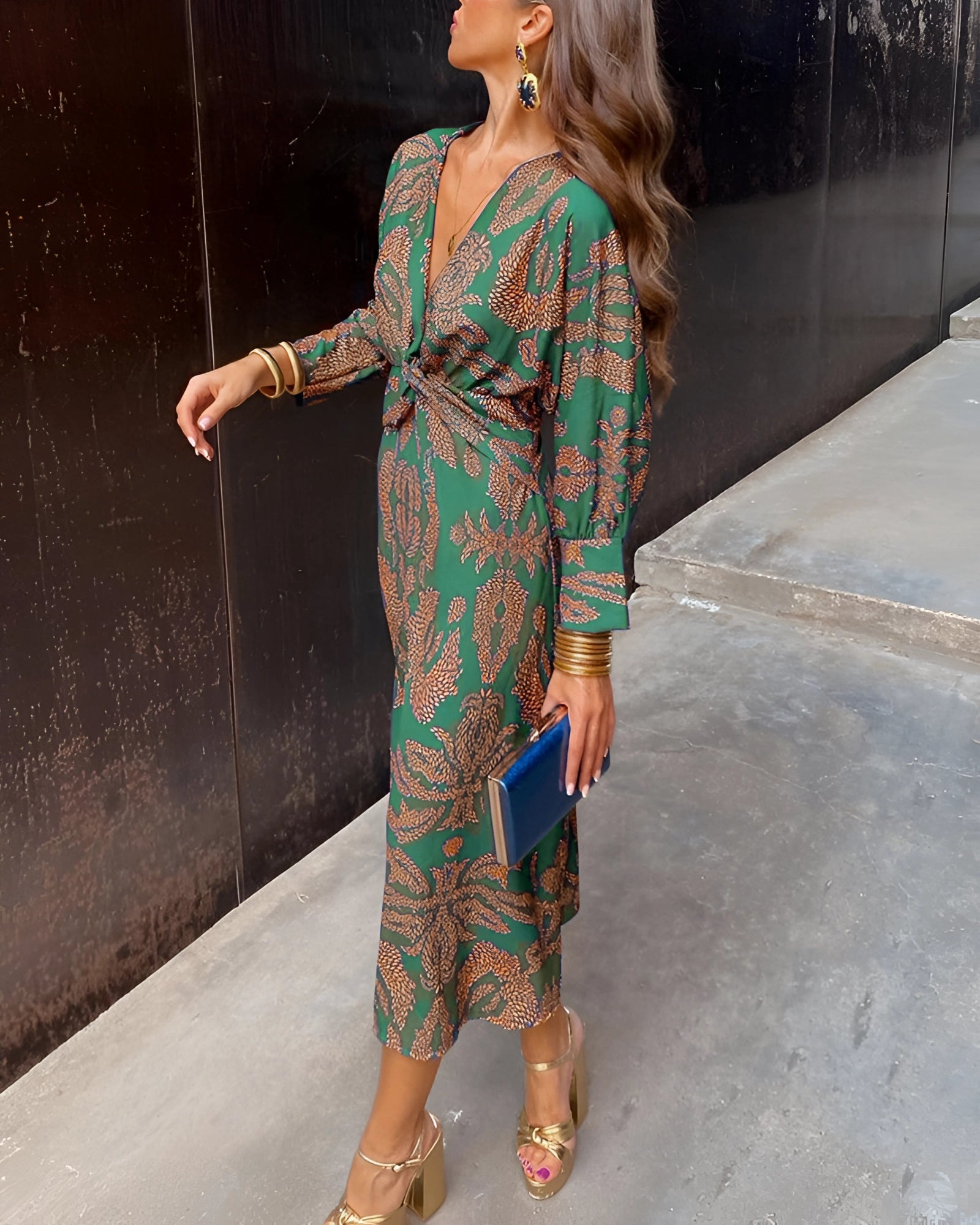 Blue Floral Midi Dress - V-Neck Long Sleeve Fall Fashion Women's Evening