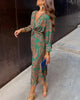 Blue Floral Midi Dress - V-Neck Long Sleeve Fall Fashion Women's Evening