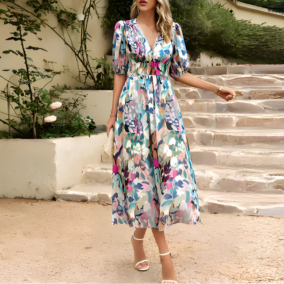 Blue Tropical Chiffon Midi V-Neck Beach Dress for Women