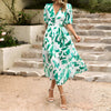 Blue Tropical Chiffon Midi V-Neck Beach Dress for Women