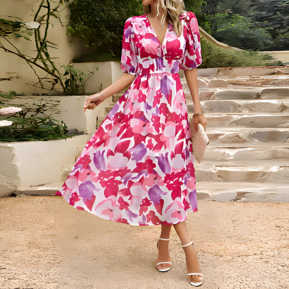 Blue Tropical Chiffon Midi V-Neck Beach Dress for Women