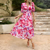 Blue Tropical Chiffon Midi V-Neck Beach Dress for Women