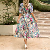 Blue Tropical Chiffon Midi V-Neck Beach Dress for Women