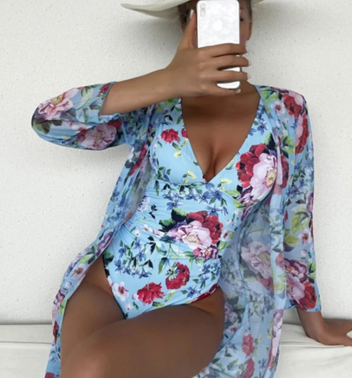 Floral One-Piece Long Sleeve Deep V-Neck Belted Swimsuit