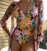 Floral One-Piece Long Sleeve Deep V-Neck Belted Swimsuit