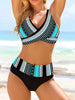 High-Waisted Tribal Print Black & Turquoise Cross-Front Bikini