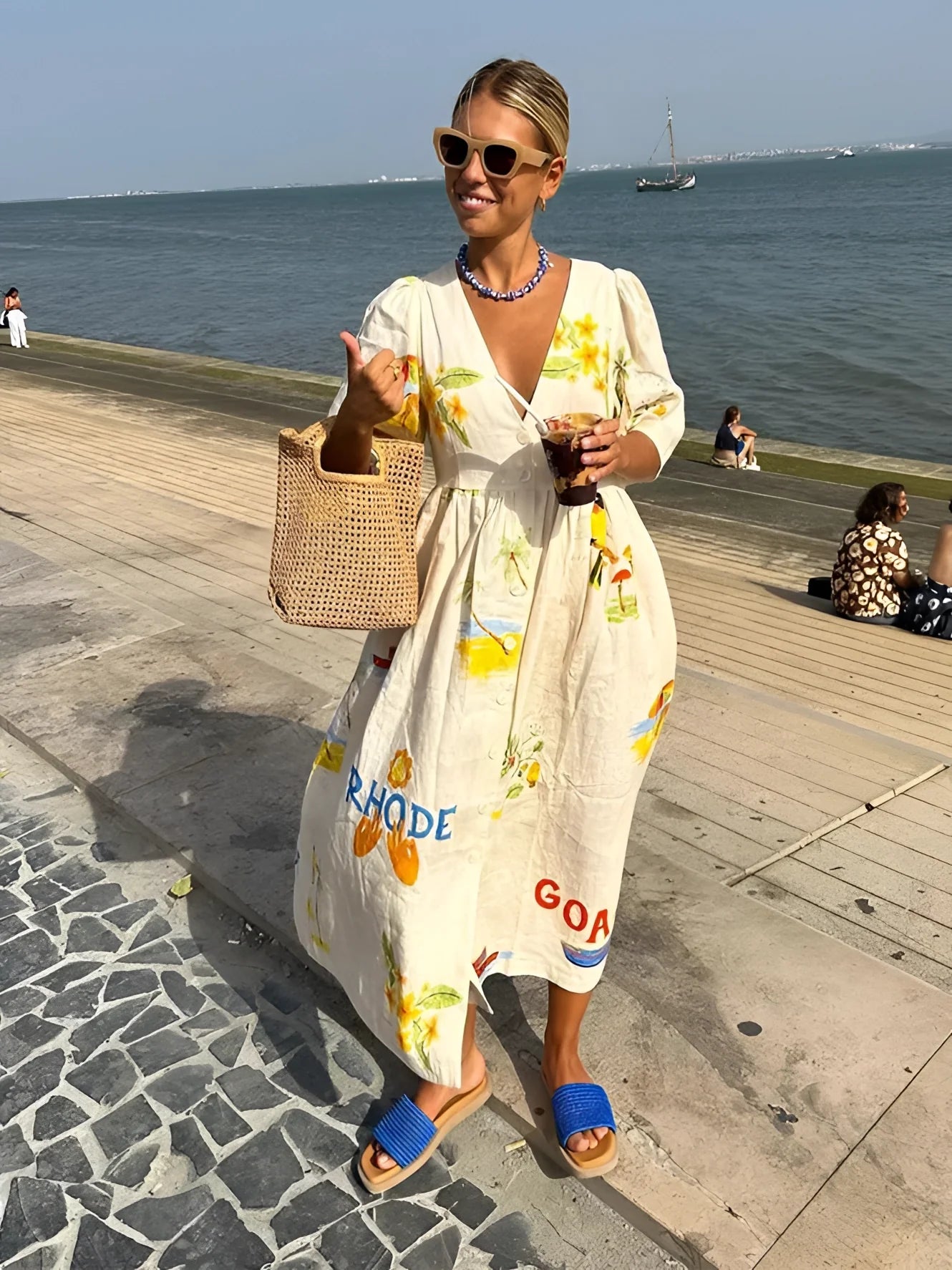 RHODE Dress - Women's Cotton Printed Summer Maxi with Fruit Pattern