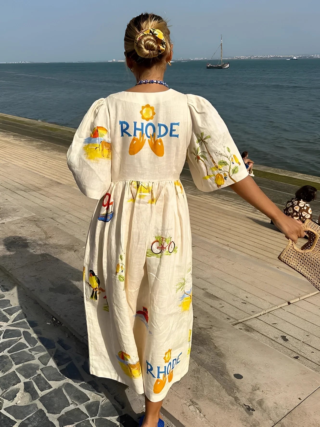 RHODE Dress - Women's Cotton Printed Summer Maxi with Fruit Pattern