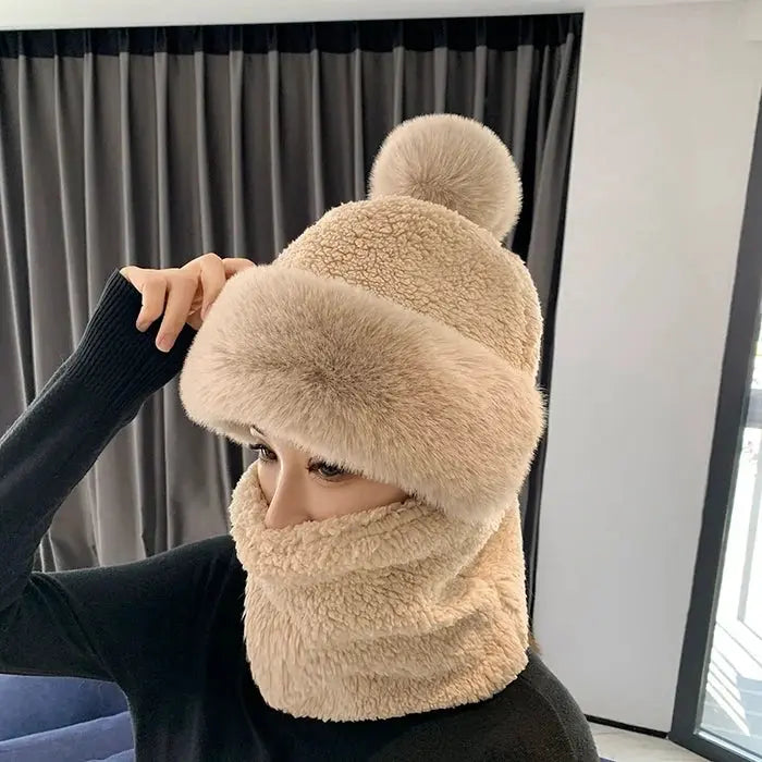 Women’s Winter Beanie Hat with Scarf | Fuzzy Faux Fur | Windproof & Warm