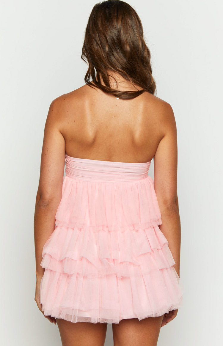 Women’s Mini Dress | Strapless Ruffle | Tiered Party Style | Pink