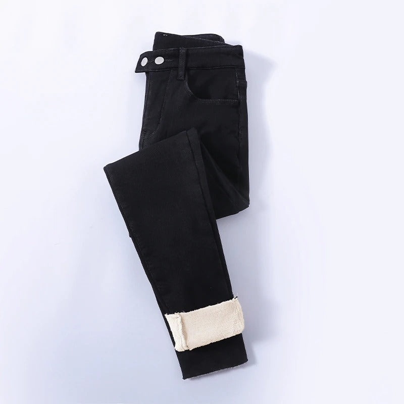 Fleece-lined women's winter jeans with high waist