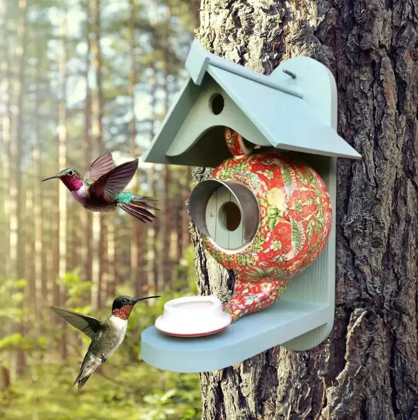 Teapot Birdhouse | Hand-Painted Resin | Weather-Resistant Outdoor Garden Decoration