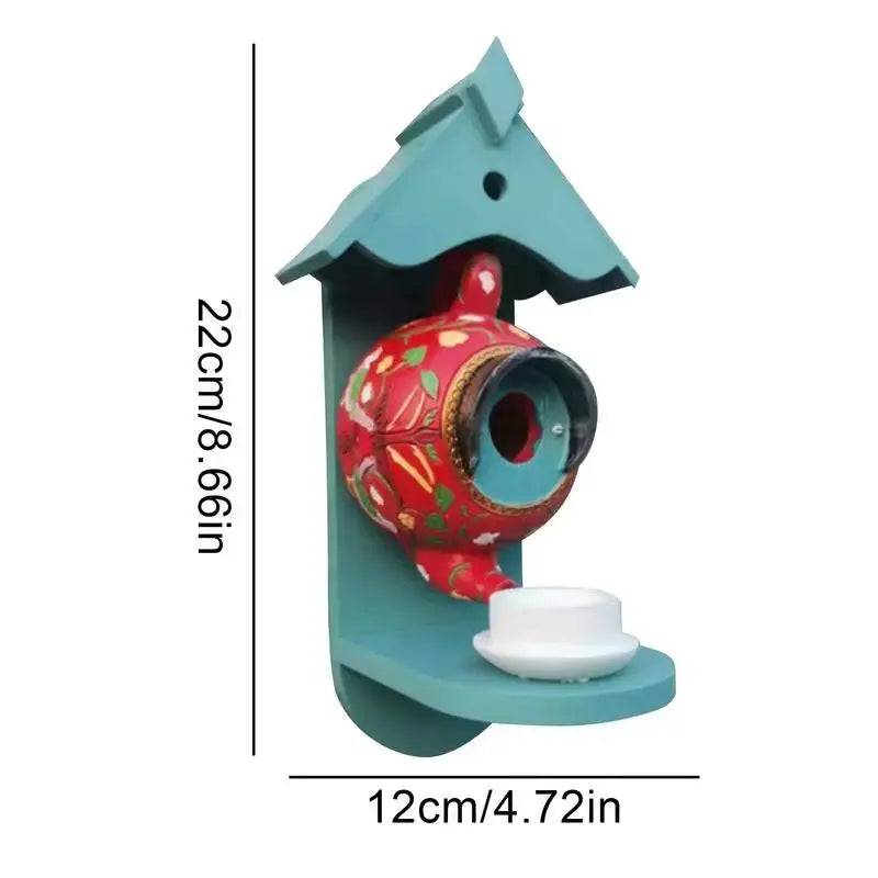 Teapot Birdhouse | Hand-Painted Resin | Weather-Resistant Outdoor Garden Decoration