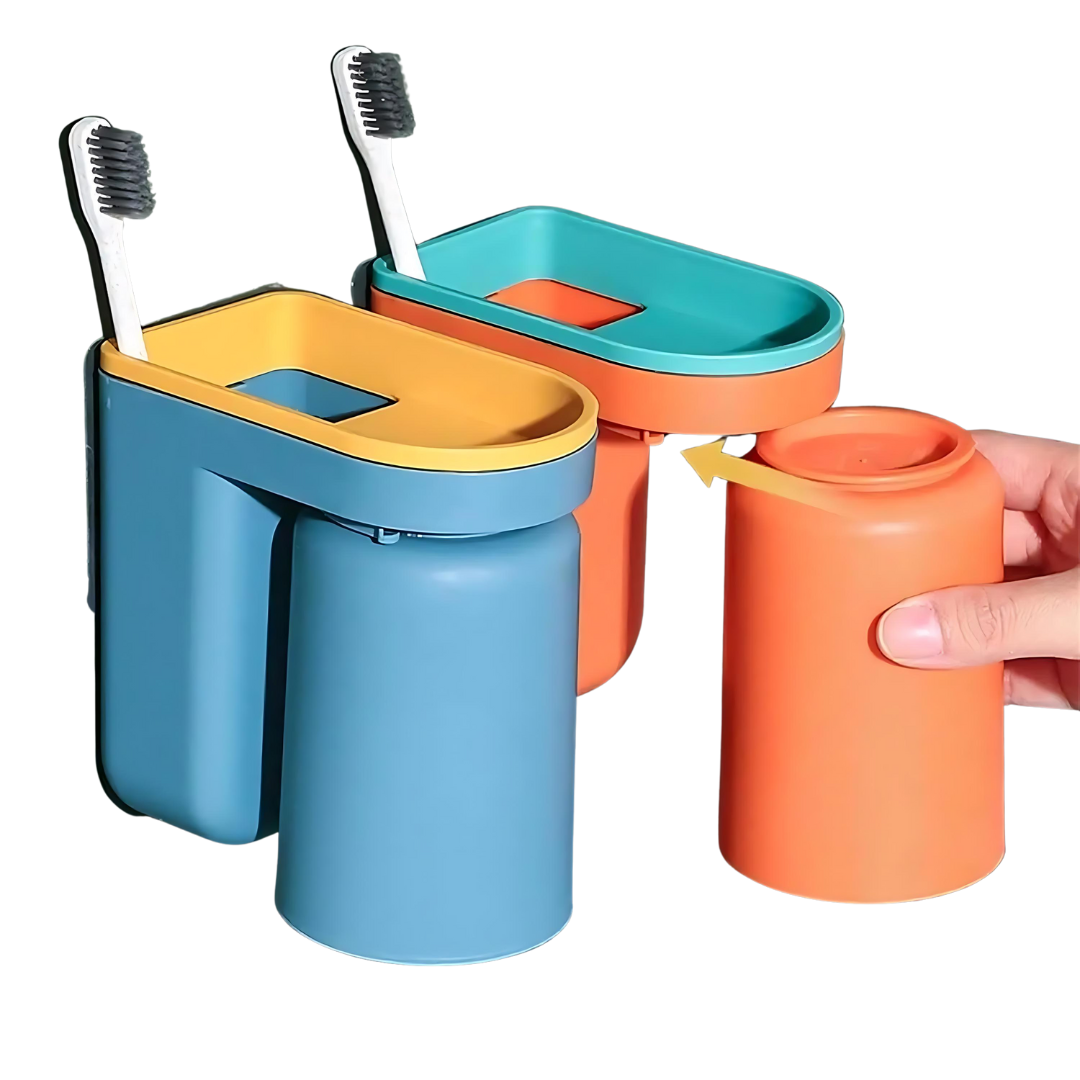 Toothbrush Holder with Cup | Wall-Mounted | Self-Adhesive | ABS Plastic | 11.5×7×12.5cm