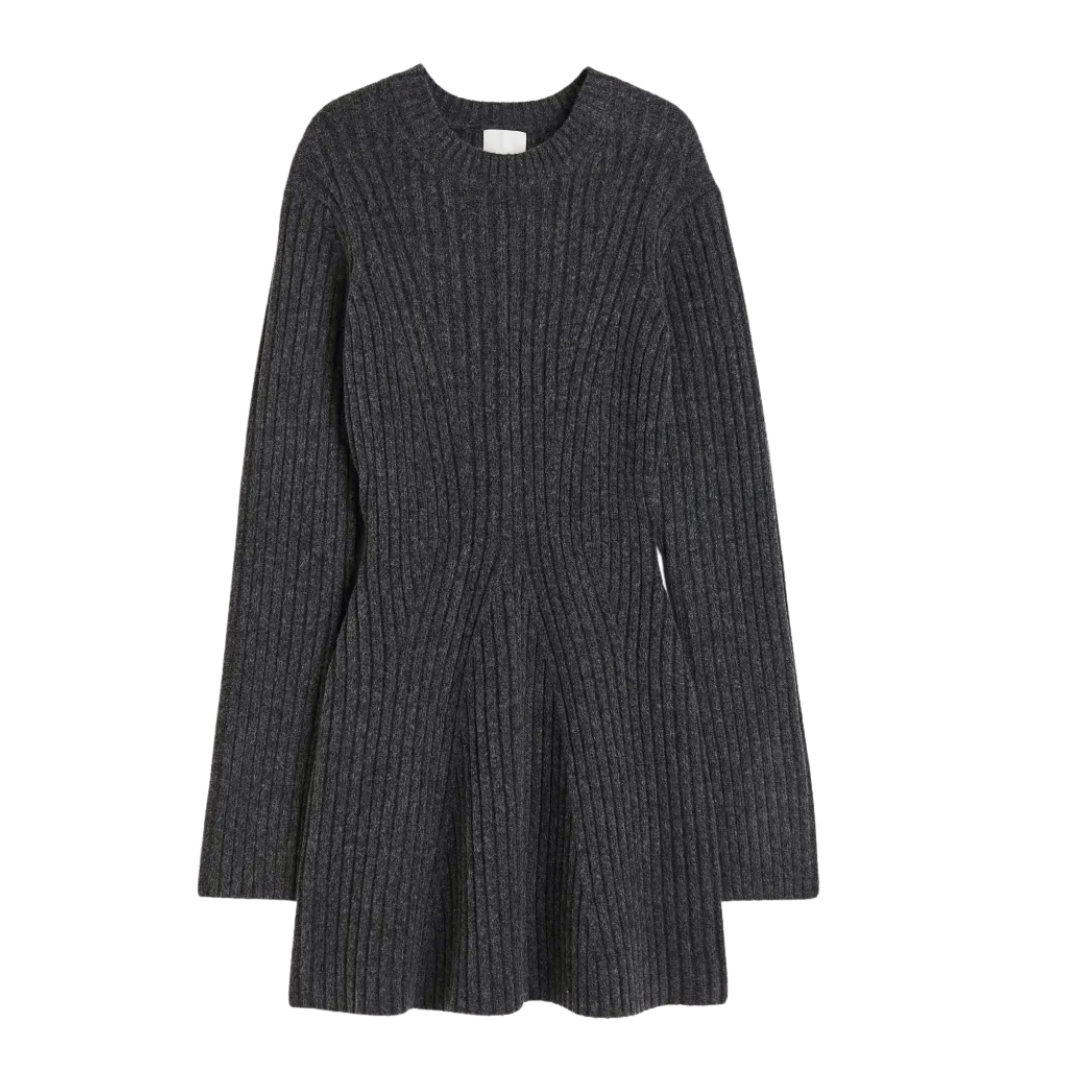 Women’s Rib-Knit Dress | Long Sleeve Slim Fit | Round Neck with Slit Cuffs
