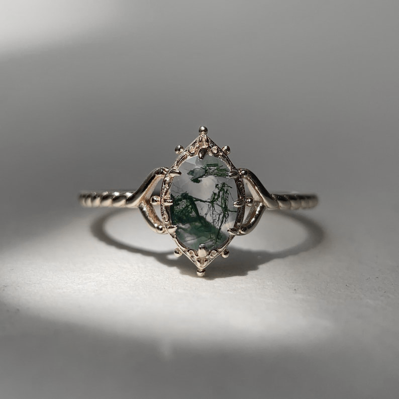Women’s Moss Agate Ring | 925 Sterling Silver | Gold Plated | 5×7mm Stone