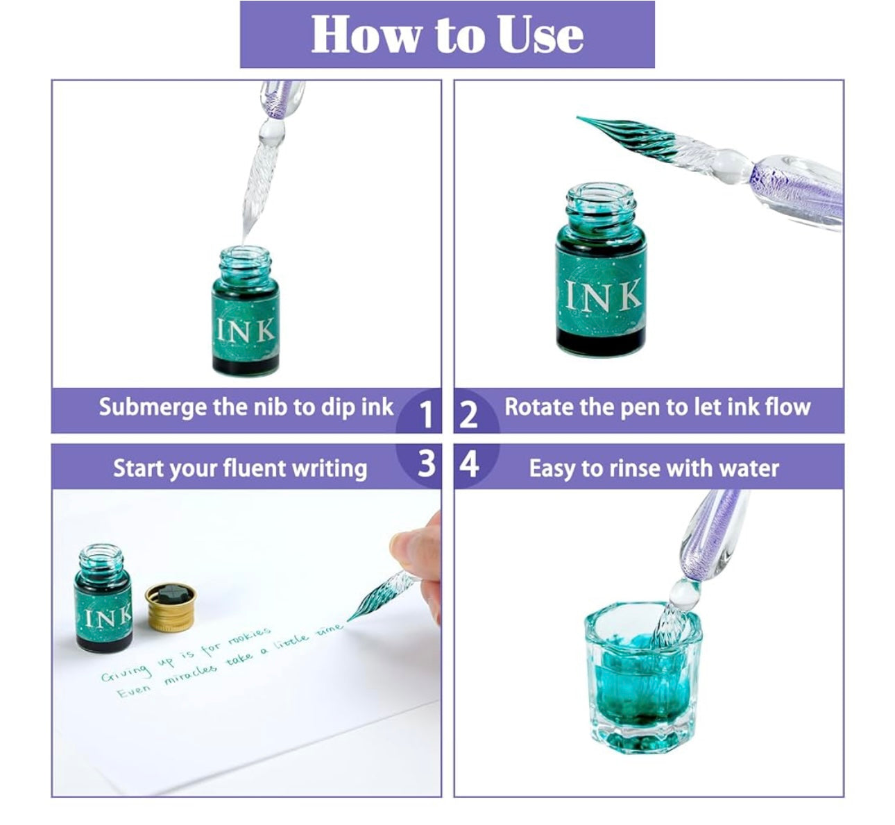 Glass Dip Pen | Crystaldip Magic Design | Borosilicate Glass | 12 Ink Colors