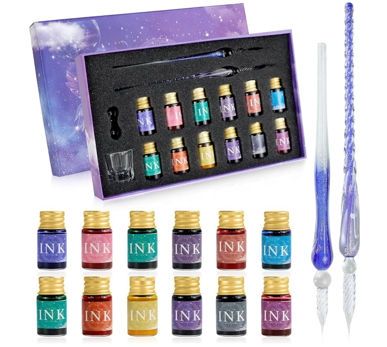 Glass Dip Pen | Crystaldip Magic Design | Borosilicate Glass | 12 Ink Colors