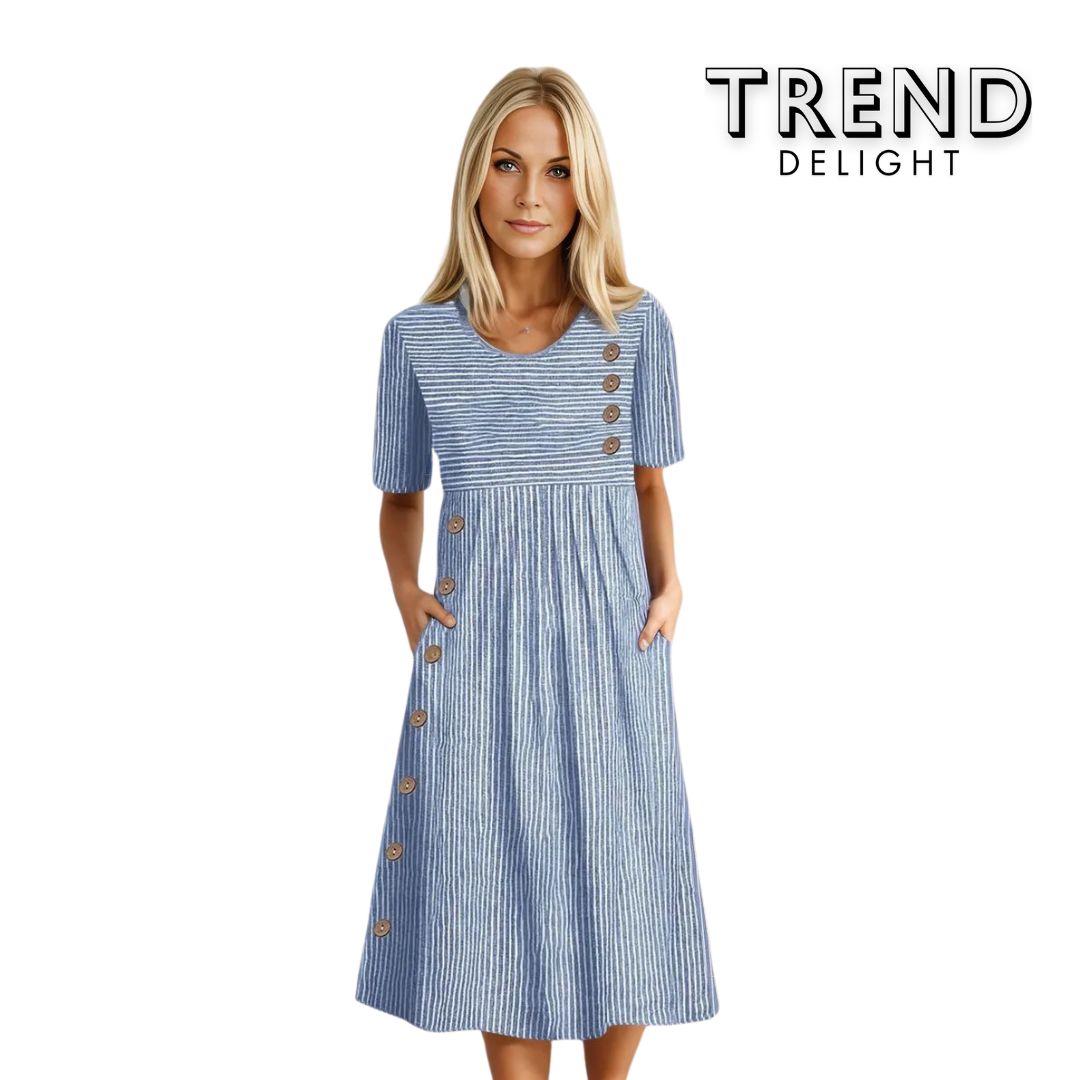 Blue striped midi dress with short sleeves