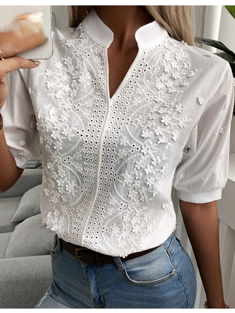 BellaVita™ – White Women's Blouse with Stylish Puff Sleeves