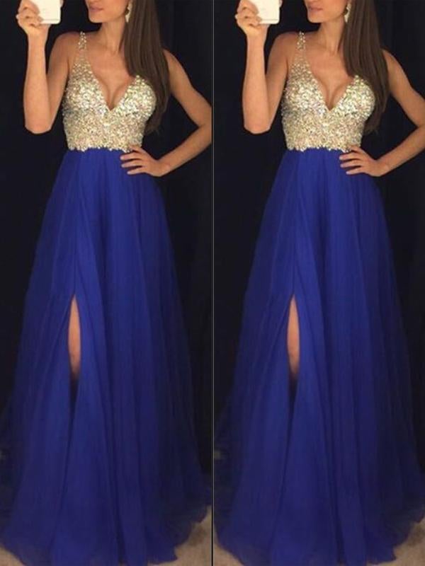long dress with side sequin slit, flowing V-neck, elegant