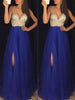 long dress with side sequin slit, flowing V-neck, elegant