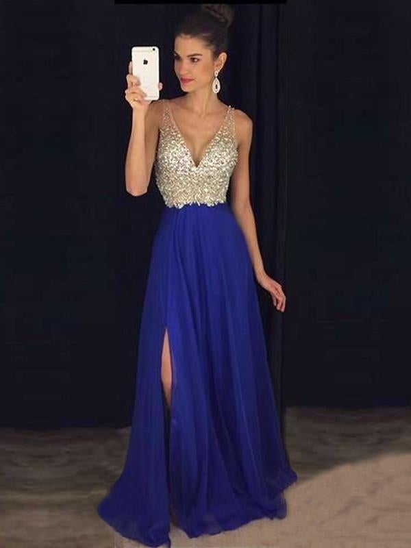 long dress with side sequin slit, flowing V-neck, elegant