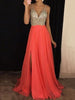 long dress with side sequin slit, flowing V-neck, elegant