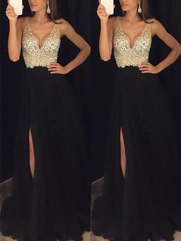 long dress with side sequin slit, flowing V-neck, elegant