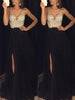 long dress with side sequin slit, flowing V-neck, elegant