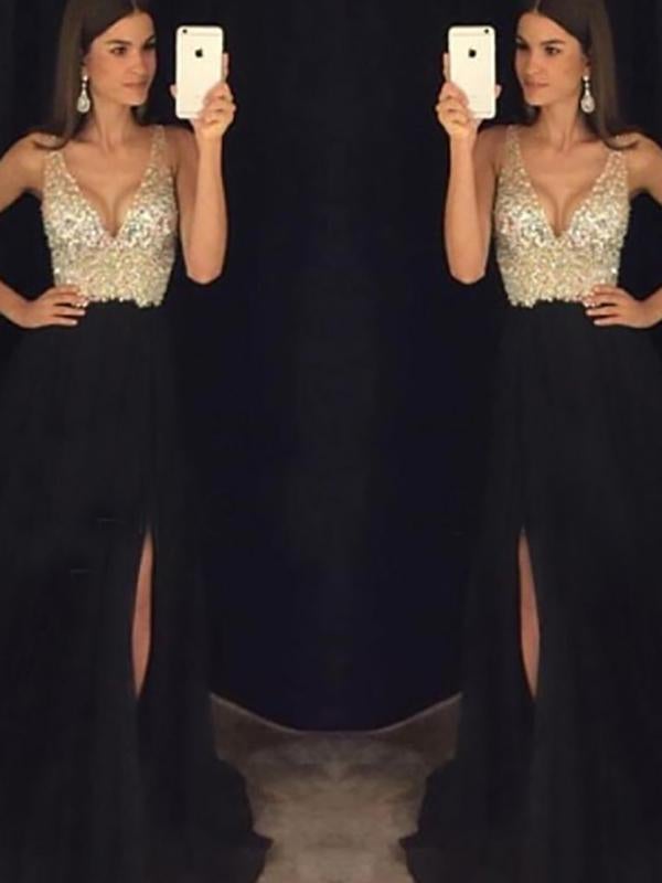 long dress with side sequin slit, flowing V-neck, elegant