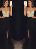 long dress with side sequin slit, flowing V-neck, elegant