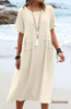 Avencea | Women's Casual Dress with Short Sleeves and Round Neckline - Modern, Loose Midi Dress Made of Cotton-Linen, Perfect for Weekends, Beach, and Everyday Wear